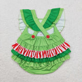 Cartoon Heart Red Stripe Bows Green Girls Christmas Romper