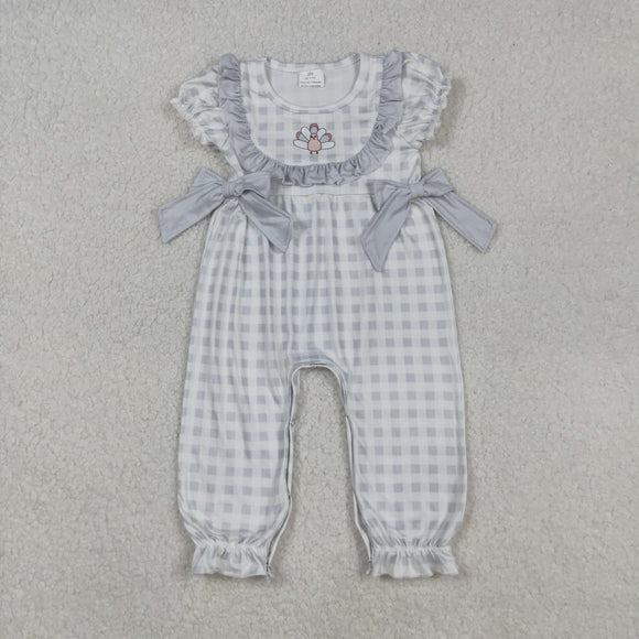 Turkey Gray Plaid Bow Girls Thanksgiving Romper