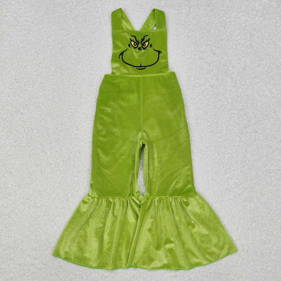 Cartoon Smile Green Velvet Girls Christmas Jumpsuit