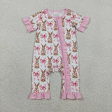 Bunny Bow Pattern Pink Ruffles Girls Easter Romper