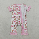 Bunny Bow Pattern Pink Ruffles Girls Easter Romper