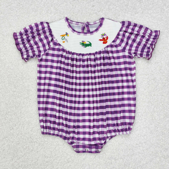 Bird Crocodile Lobster Animals Purple Plaid Smocked Girls Mardi Gras Romper