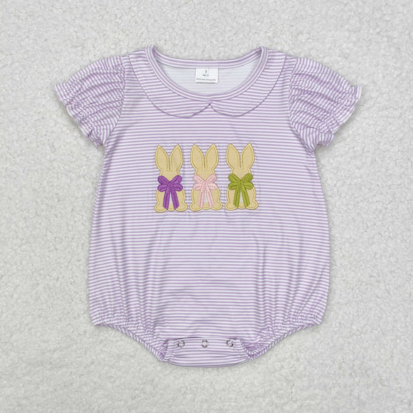 Bunny Bow Purple Stripe Girls Easter Romper