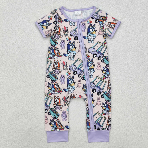 Cartoon Dogs Eggs Purple Girls Easter Romper