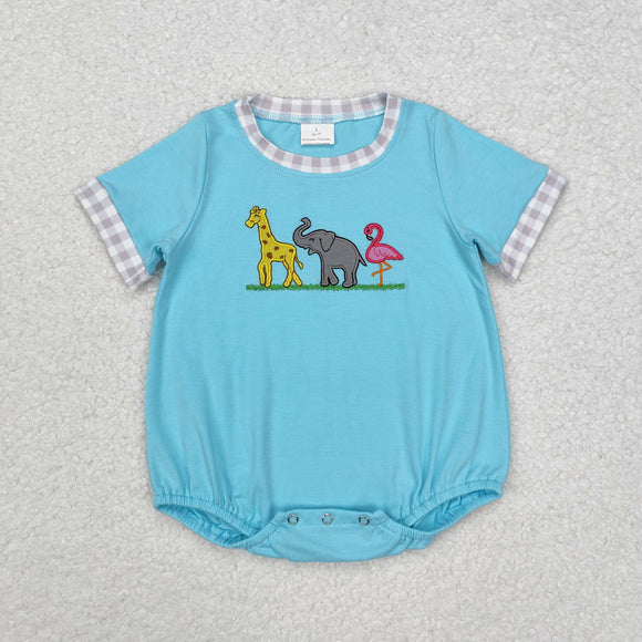 Giraffe Animals Plaid Blue Boys Summer Romper
