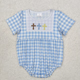 Cross Blue Plaid Boys Easter Romper