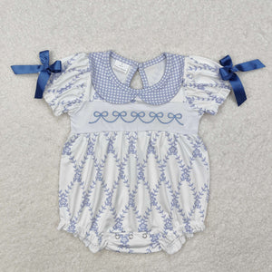 Blue Bow Embroidery Plaid White Girls Summer Romper