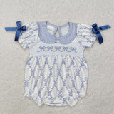 Blue Bow Embroidery Plaid White Girls Summer Romper