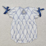 Blue Bow Embroidery Plaid White Girls Summer Romper