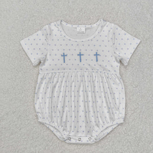 Cross Blue Polka Dots White Boys Easter Romper