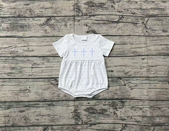 Pre-sale Cross Blue Polka Dots White Boys Easter Romper