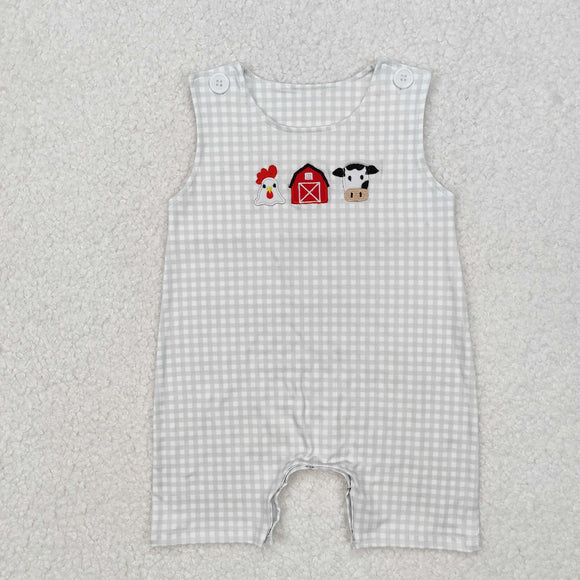 Chicken House Cow Plaid Green Boys Summer Romper