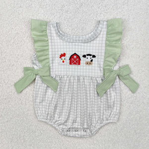 Chicken House Cow Plaid Green Girls Summer Romper