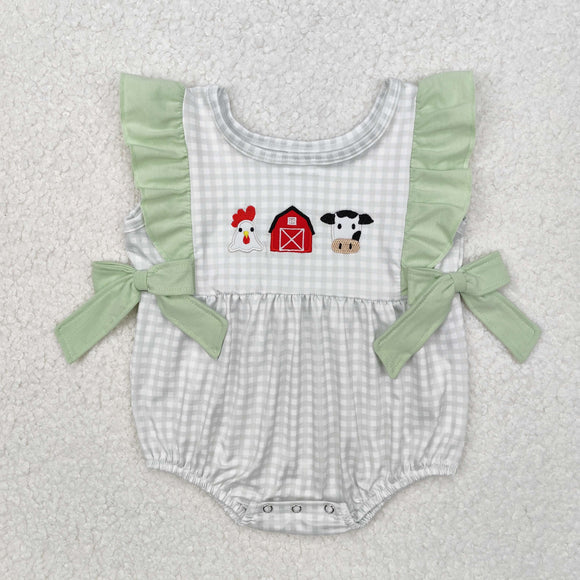 Chicken House Cow Plaid Green Girls Summer Romper