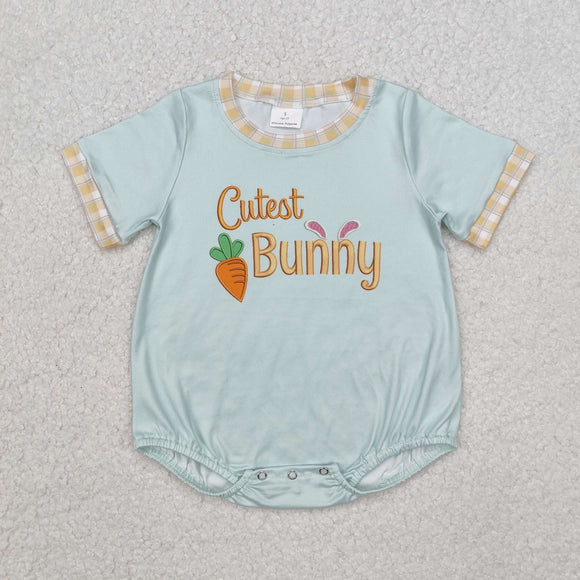 Carrot Cutest Bunny Plaid Bluish Boys Easter Romper