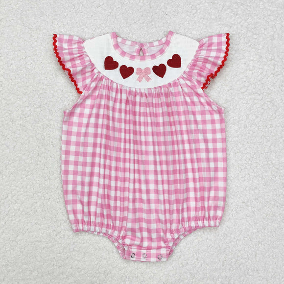 Heart Bow Pink Plaid Smocked Girls Valentine Romper