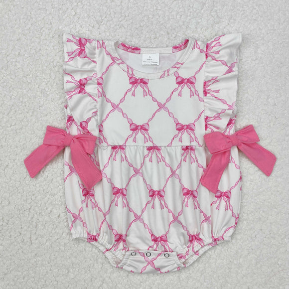 Pink Bows Pattern White Girls Summer Romper