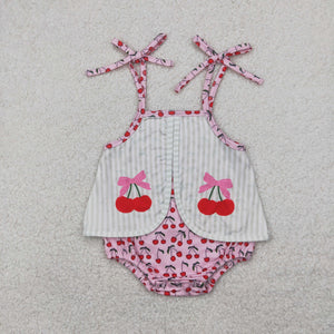 Cherry Green Stripe Pink Girls Summer Romper