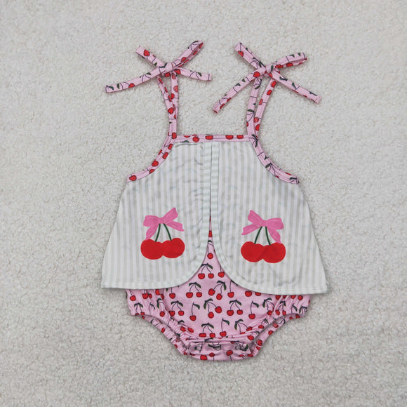 Cherry Green Stripe Pink Girls Summer Romper