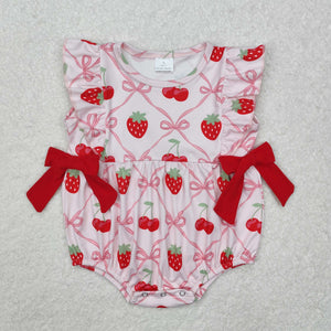 Fruit Strawberry Red Bows Pink Girls Summer Romper