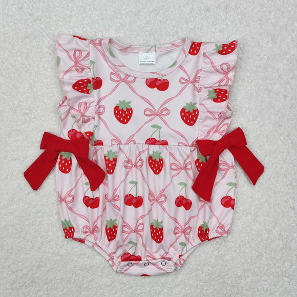 Fruit Strawberry Red Bows Pink Girls Summer Romper