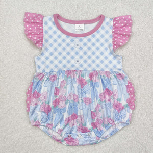 Floral Bow Pattern Blue Plaid Girls Summer Romper