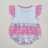 Floral Bow Pattern Blue Plaid Girls Summer Romper