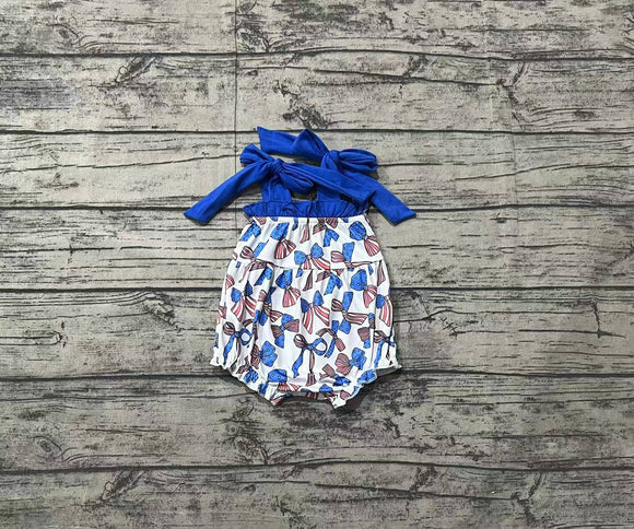 Pre-sale Bow Pattern Blue White Girls 4th of July Romper