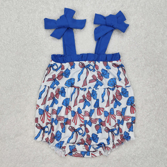 Bow Pattern Blue White Girls 4th of July Romper