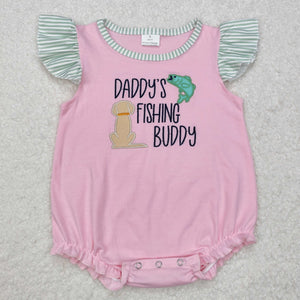 Daddy's Fishing Buddy Green Stripe Pink Girls Summer Romper
