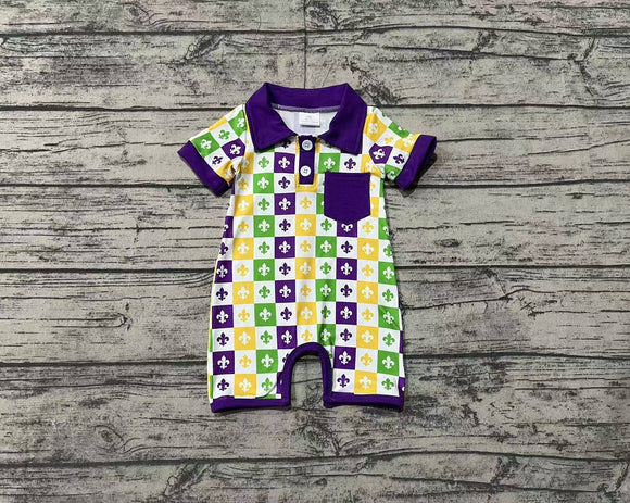 Pre-sale Purple Pocket Plaid Boys Mardi Gras Romper