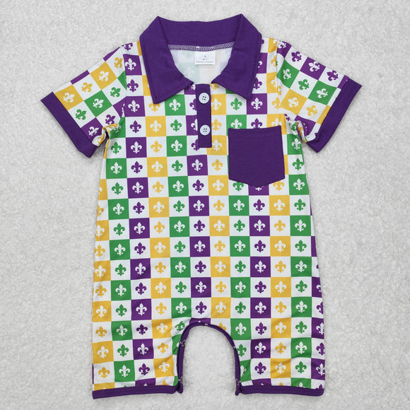 Purple Pocket Plaid Boys Mardi Gras Romper