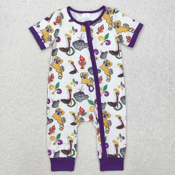 Animals Purple White Boys Mardi Gras Romper