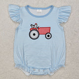 Chick Tractor Stripe Blue Girls Summer Romper