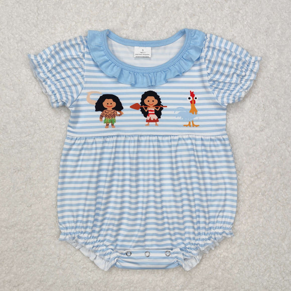 Cartoon Princess Blue Stripe Girls Summer Romper