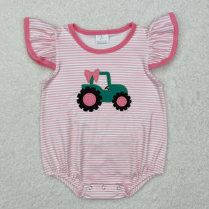 Tractor Stripe Pink Girls Summer Romper