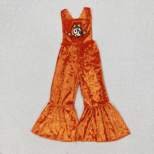 Cartoon Dogs Orange Velvet Girls Jumpsuit