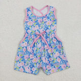 Pink Blue Floral Girls Jumpsuit