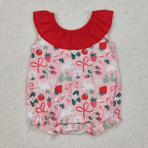 Bunny Bow Pattern Strawberry Pink Red Girls Easter Romper