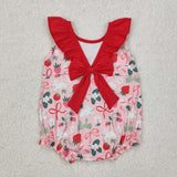 Bunny Bow Pattern Strawberry Pink Red Girls Easter Romper