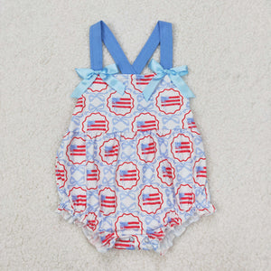 Blue Bow Pattern Flag White Girls 4th of July Romper