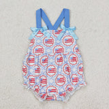 Blue Bow Pattern Flag White Girls 4th of July Romper
