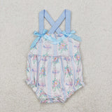 Bow Pattern Cake Floral Stripe Blue White Girls Summer Romper