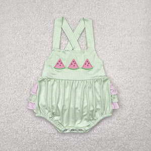 Watermelon Pink Plaid Ruffles Green Girls Summer Romper