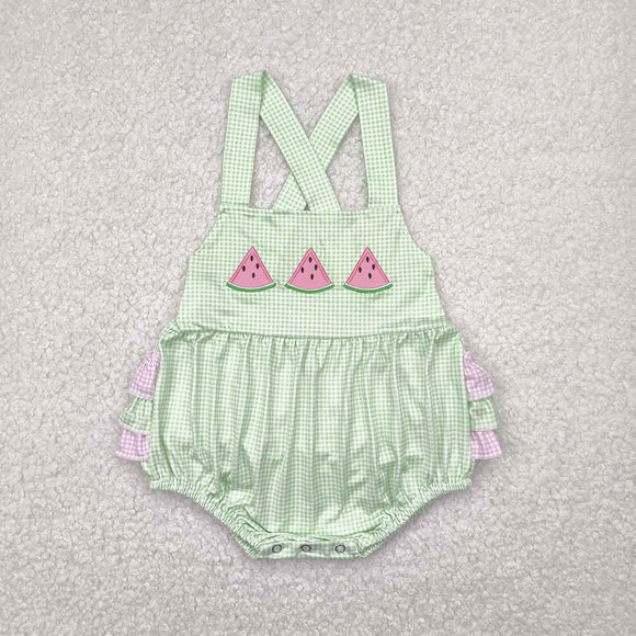 Watermelon Pink Plaid Ruffles Green Girls Summer Romper