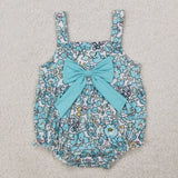 Floral Bluish Bow White Girls Summer Romper