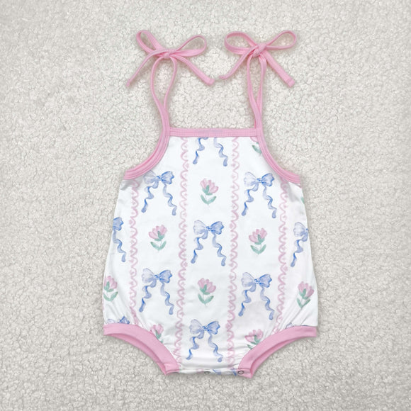 Floral Blue Bow Pattern White Pink Girls Summer Romper