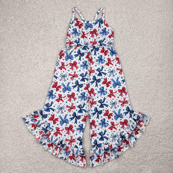 Stars Bow Pattern White Girls 4th of July Jumpsuit