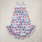 Stars Bow Pattern White Girls 4th of July Jumpsuit