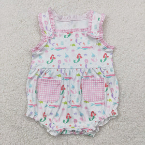 Mermaid Pink Plaid Pockets Girls Summer Romper